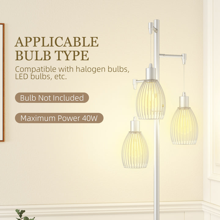 3-Light Floor Lamp, 170cm Industrial Dimmable Standing Lamp with Steel Wire Cage Lampshades for Living Room, Bedroom, Dining Room, Study, Silver Tone