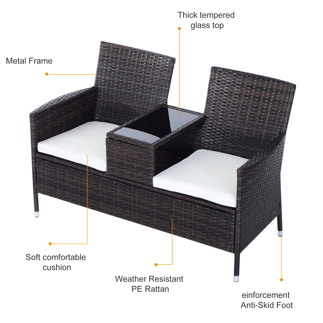 2-Seater Rattan Chair Furniture Set W/ Middle Tea Table-Brown
