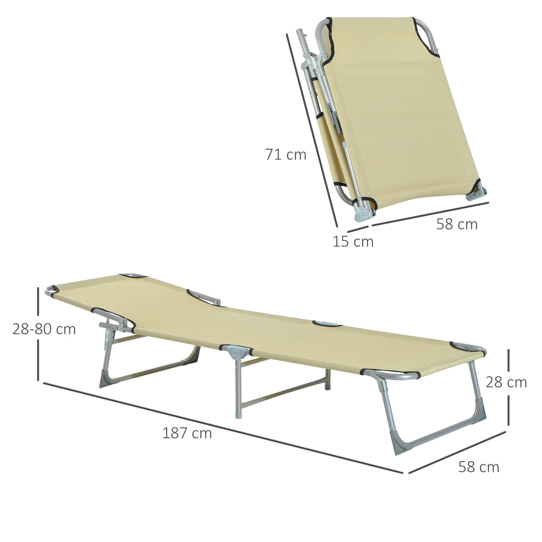 Reclining Sun Lounger Chair Folding Camping Bed with 4-Position Adjustable Backrest, for Travel Indoor Outdoor Office Fishing, Beige