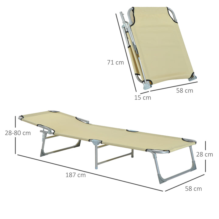 Reclining Sun Lounger Chair Folding Camping Bed with 4-Position Adjustable Backrest, for Travel Indoor Outdoor Office Fishing, Beige