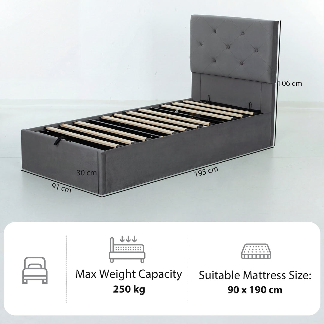 Single Bed Frame Gas End Lift Under Bed Storage Upholstered Platform B