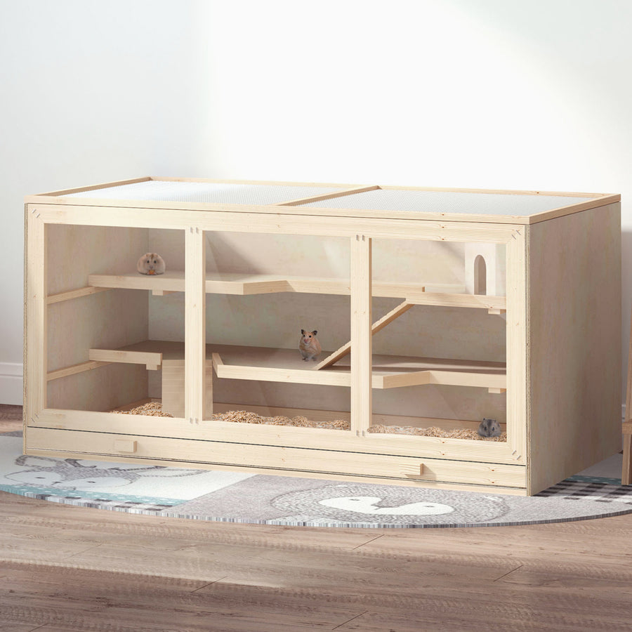Wooden Hamster Cage, Small Animals Hutch with Tray, Openable Top, Exercise Play House Pen, 115L x 57W x 55Hcm, Natural