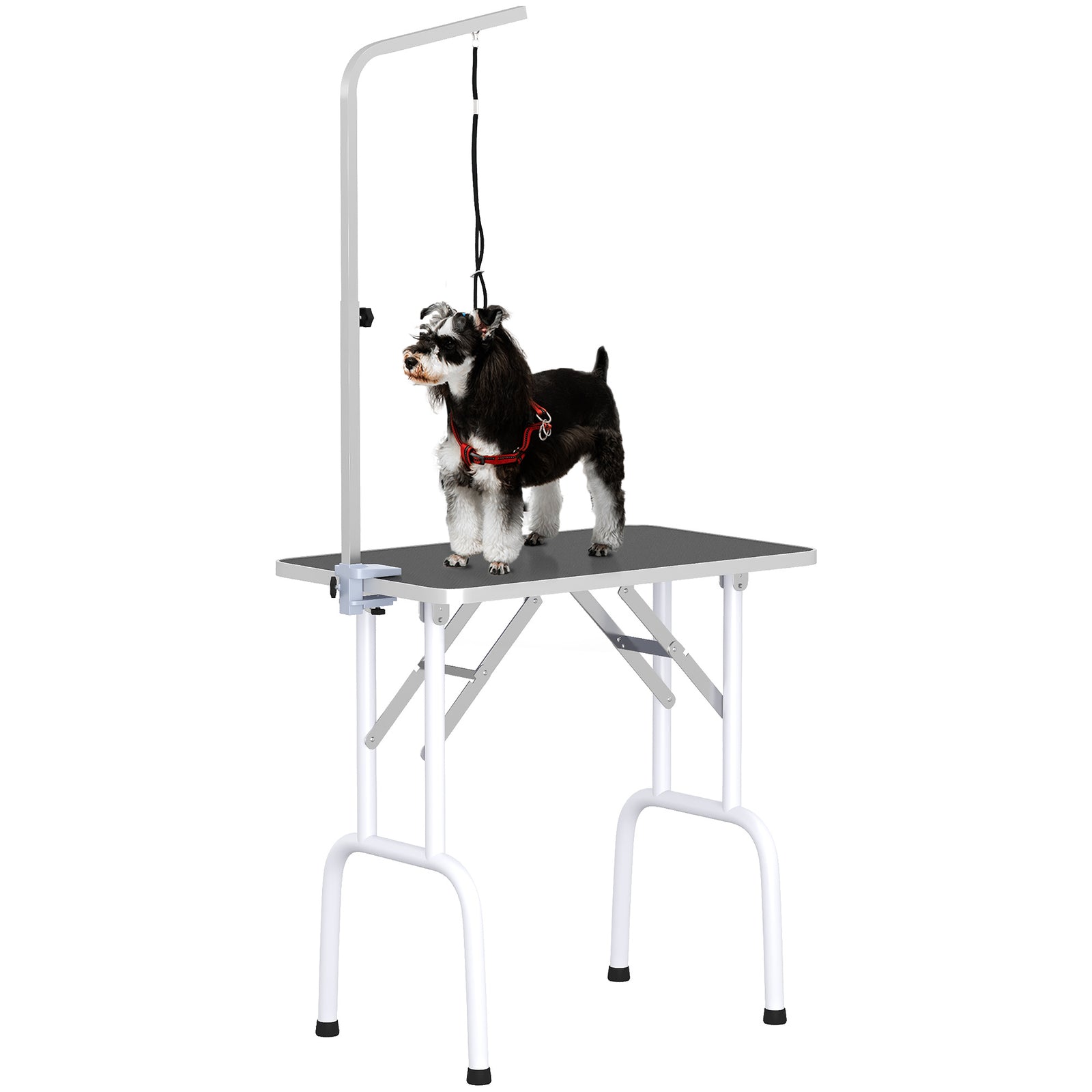 32" Foldable Dog Grooming Table Pet Drying Beauty Table Adjustable Fixed Arm Rubber Top, Black