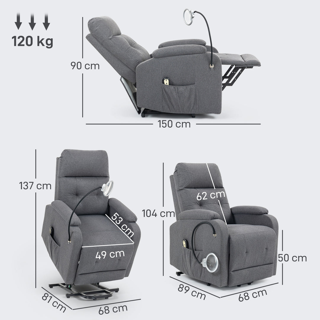 HOMCOM Electric Rise/Recline Armchair, with Reading Light - Grey