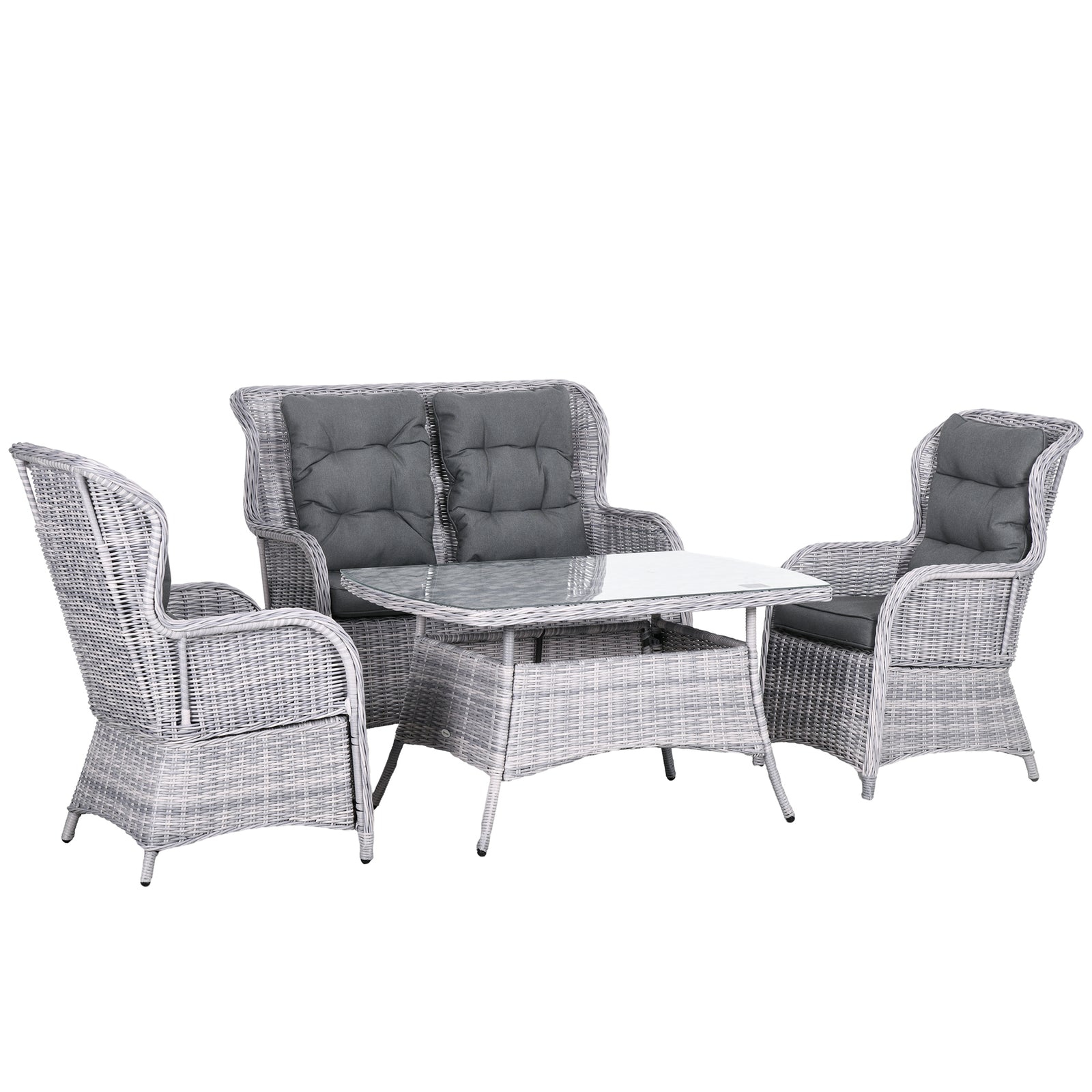 Garden PE Rattan Dining Sofa Set, Outdoor 4 Seater Wicker Furniture, High Back Chairs with Cushions, Tempered Glass Coffee Table for Patio, Mixed Grey