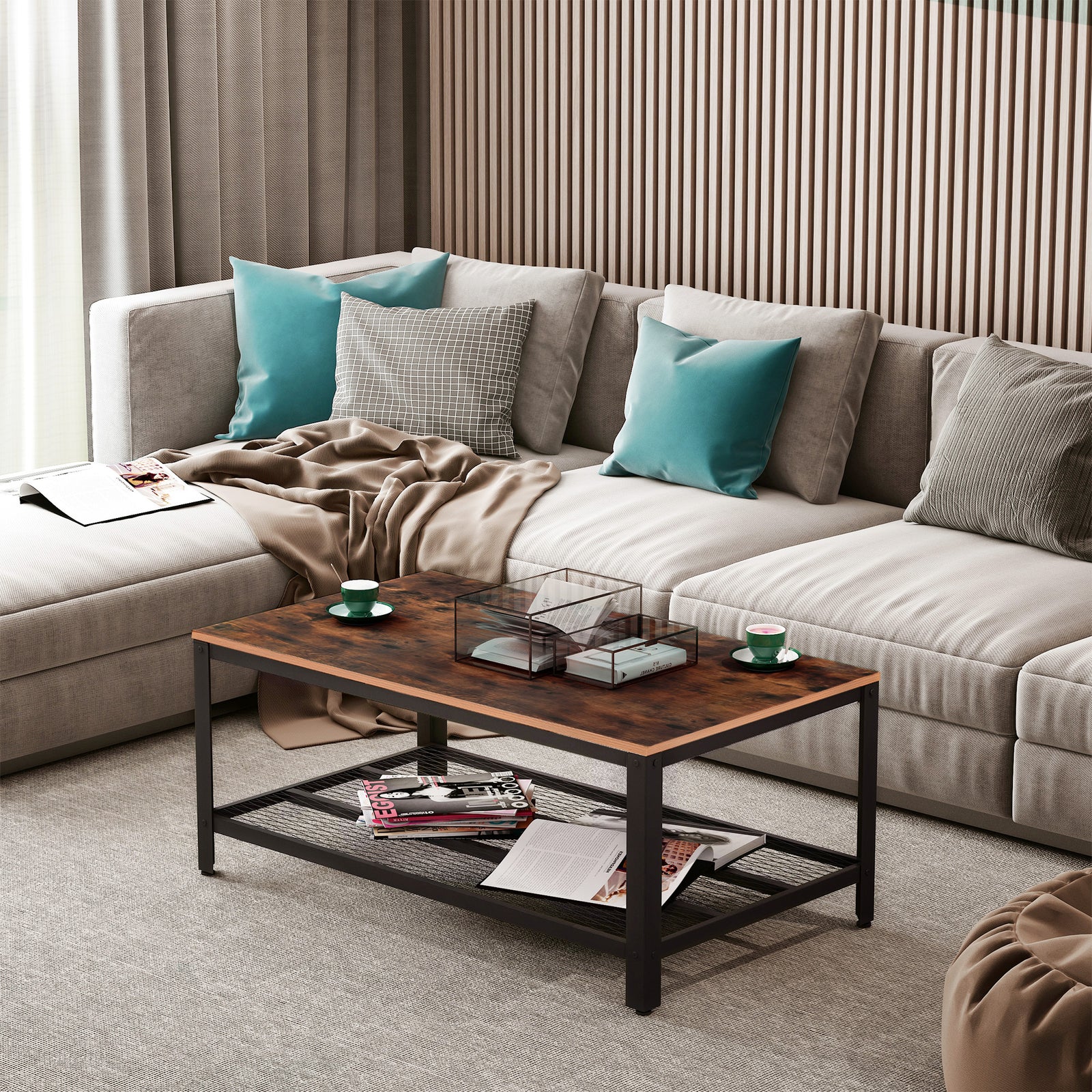 Coffee Table Industrial Side Table Living Room Table with Storage Shelf and Metal Frame for Home Office, 106L x 60W x 45Hcm