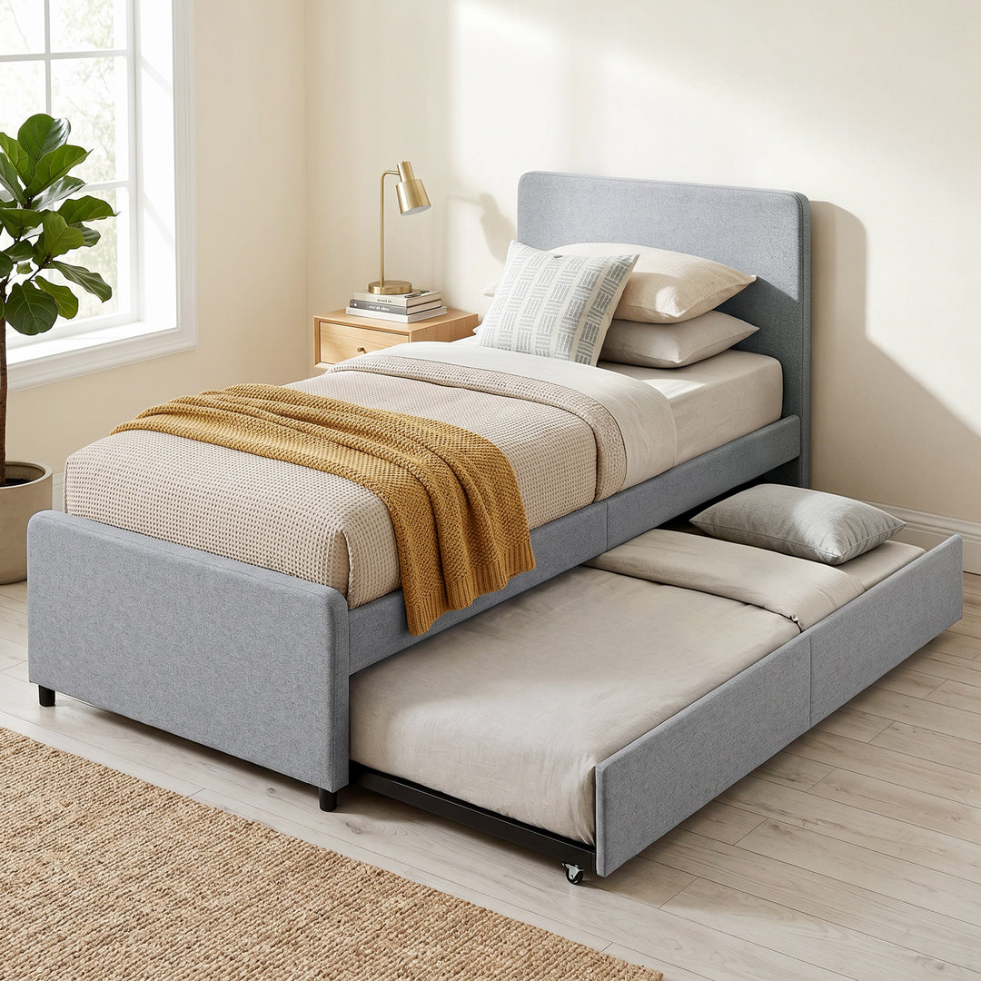 3ft Single Bed Frame with Trundle, Upholstered Pull Out Trundle Bed wi