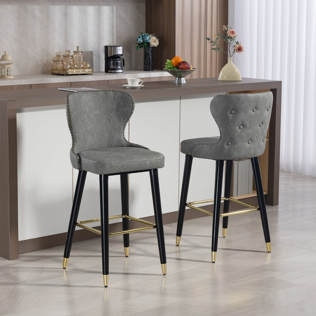 MCL Bar Stools Set of 2, PU Leather Barstools with Back, Footrest and Wood Legs for Kitchen, Counter, Breakfast Bar, Grey
