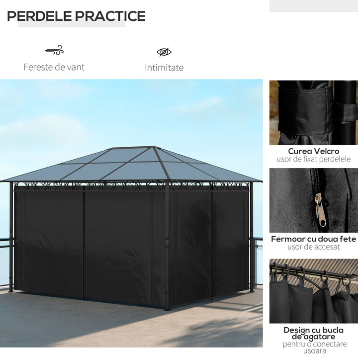 Hardtop Gazebo Garden Pavilion with UV Resistant Polycarbonate Roof, Curtains, Steel & Aluminium Frame, 3 x 4m, Grey
