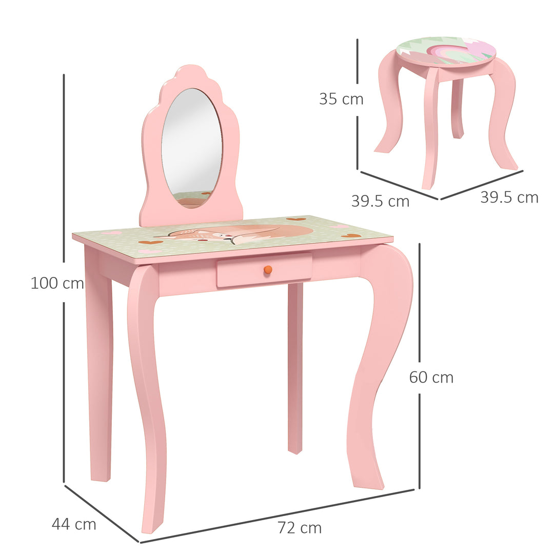 ZONEKIZ Kids Dressing Table with Mirror and Stool, Girls Vanity Table Makeup Desk with Drawer, Cute Animal Design, for 3