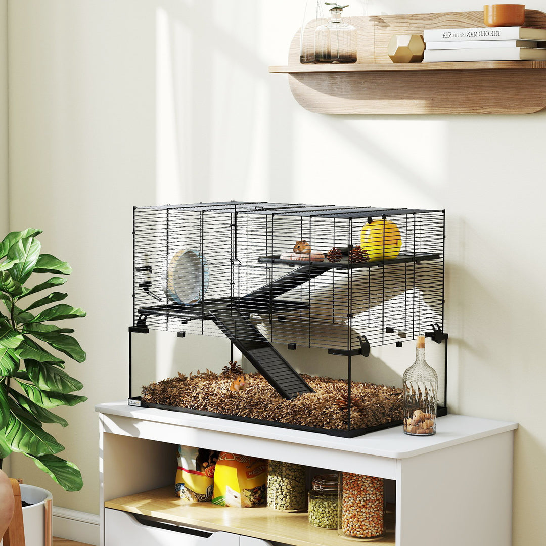 3 Tiers Hamster Cage, Gerbil Cage with Deep Glass Bottom, Non-Slip Ramps, Platforms, Hut, Exercise Wheels, Water Bottle, Dish, for Syrian Hamster, Dwarf Hamster, 78.5 x 48.5 x 54.5cm