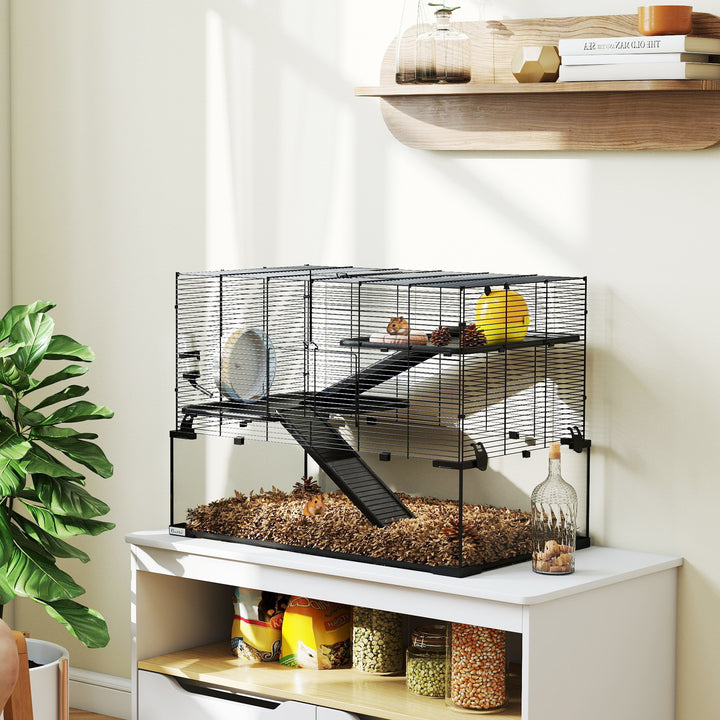3 Tiers Hamster Cage, Gerbil Cage with Deep Glass Bottom, Non-Slip Ramps, Platforms, Hut, Exercise Wheels, Water Bottle, Dish, for Syrian Hamster, Dwarf Hamster, 78.5 x 48.5 x 54.5cm