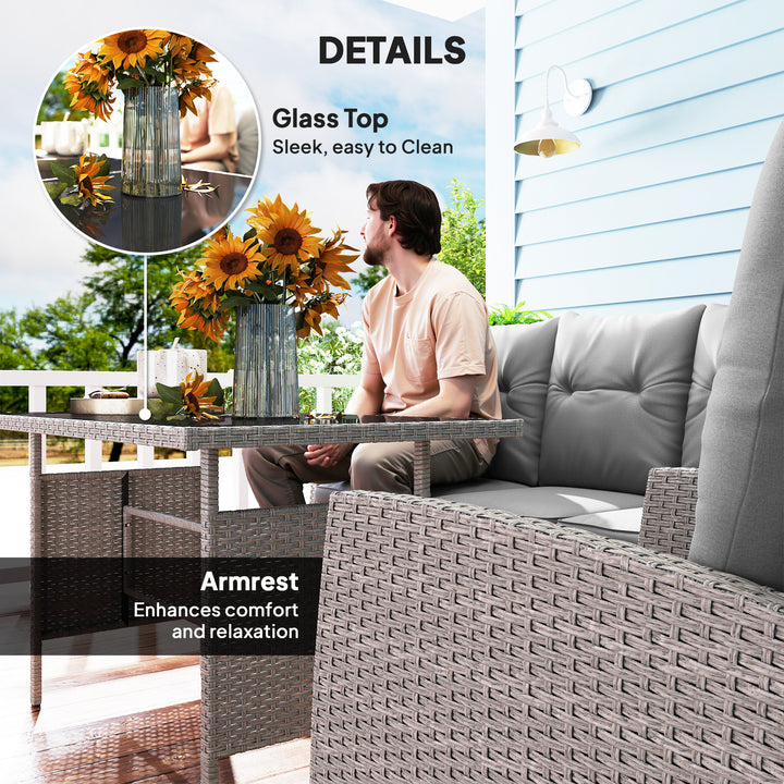 5 Seater Rattan Garden Furniture Set, 2 Armchairs, 3-Seater Wicker Sofa, 2 Footstools and Glass Table, 6 Piece Patio Rattan furniture Sofa Sets with Cushions for Conservatory, Grey