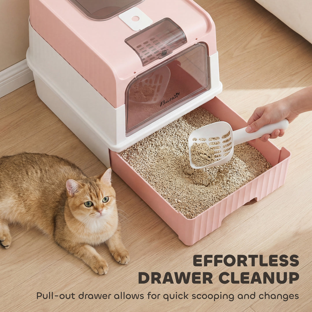 Enclosed Cat Litter Box with Lid, Pull-Out Drawer Tray, Scoop, 4 Deodo