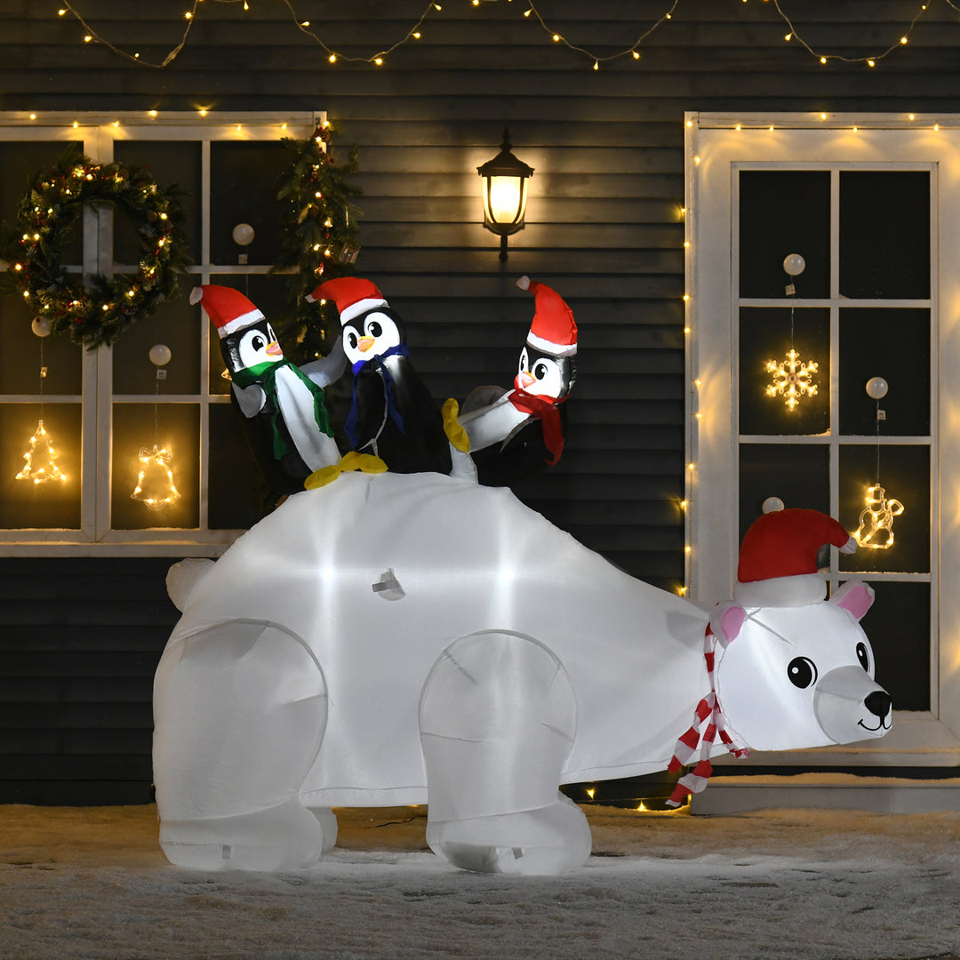 HOMCOM 5ft Outdoor Christmas Inflatable with LED Light, Lighted Blowup Polar Bear with Three Penguins, Giant Yard Party Decoration for Garden Lawn