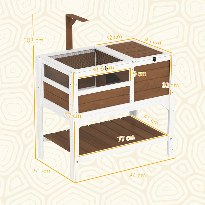 Wooden Tortoise House, with Shelter, Run, Shelf, Lamp Holder, Tray - Brown
