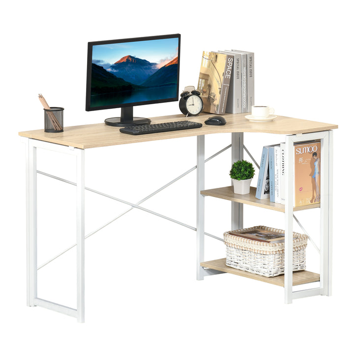 HOMCOM Folding L-Shaped Computer Desk, Oak Tone Corner Home Office Study Workstation with 2 Shelves | Aosom UK