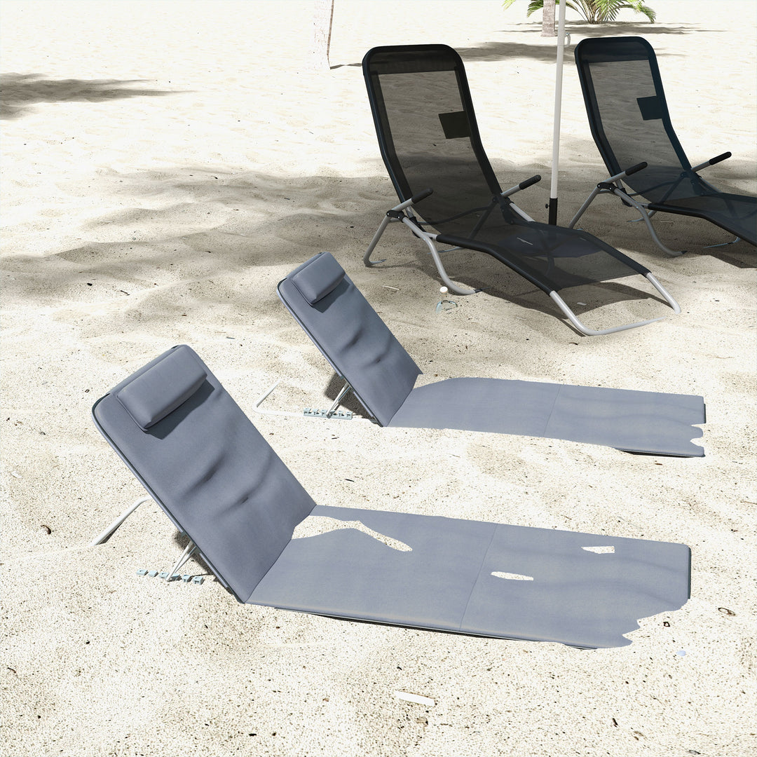 Set of 2 Foldable Garden Beach Chair Mat Lightweight Outdoor Sun Lounger Seats Adjustable Back Metal Frame PE Fabric Head Pillow w/ Carry Bag,Grey