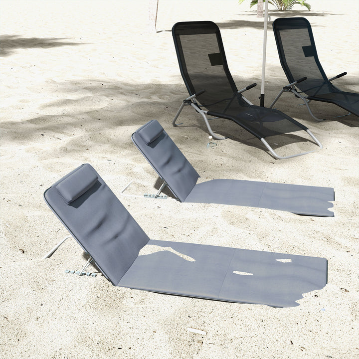 Set of 2 Foldable Garden Beach Chair Mat Lightweight Outdoor Sun Lounger Seats Adjustable Back Metal Frame PE Fabric Head Pillow w/ Carry Bag,Grey