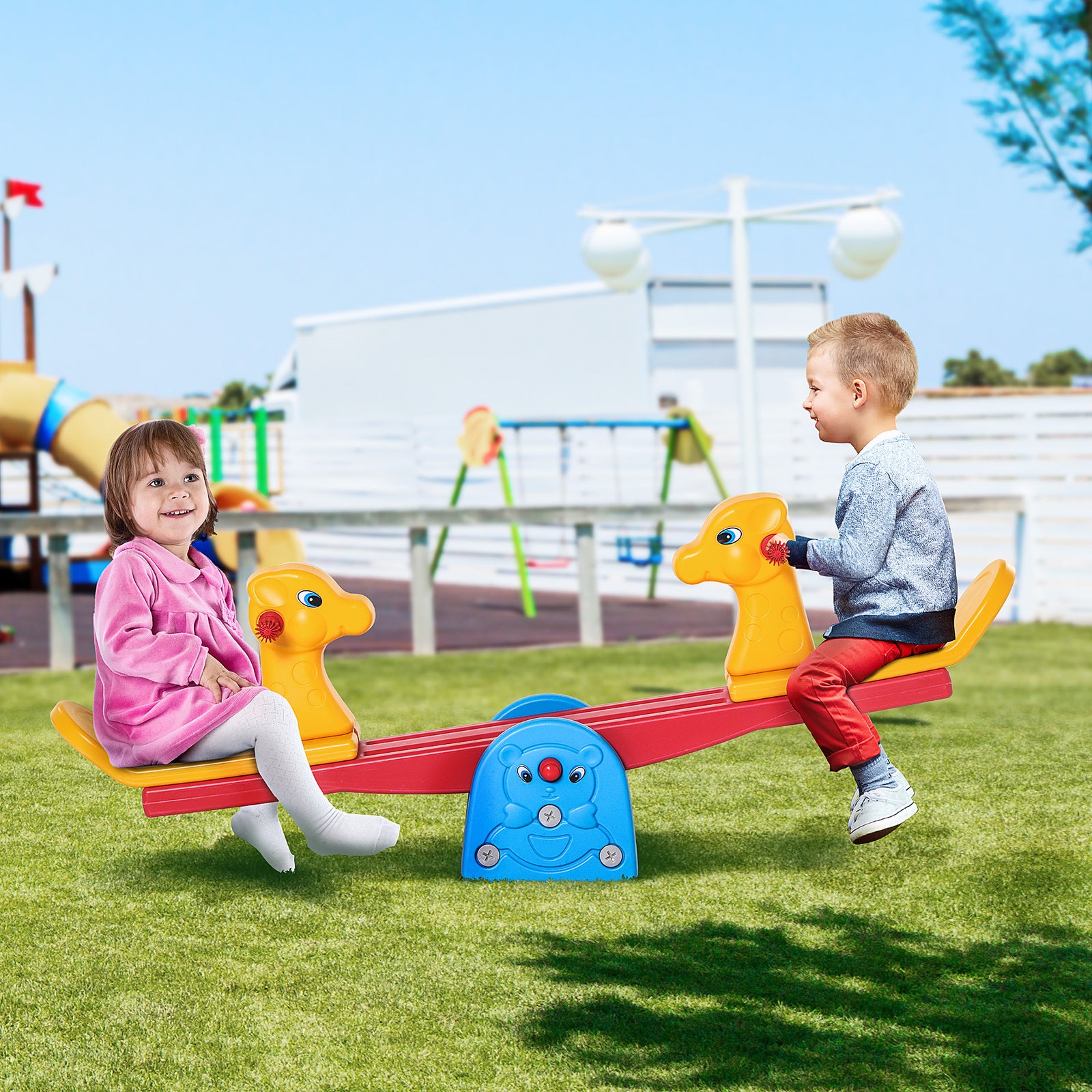 Kids Seesaw Safe Teeter Totter 2 Seats with Easy-Grip Handles, Safe, Indoor Outdoor Living Room Playroom Backyard Equipment, for 1-4 years old Multicolor