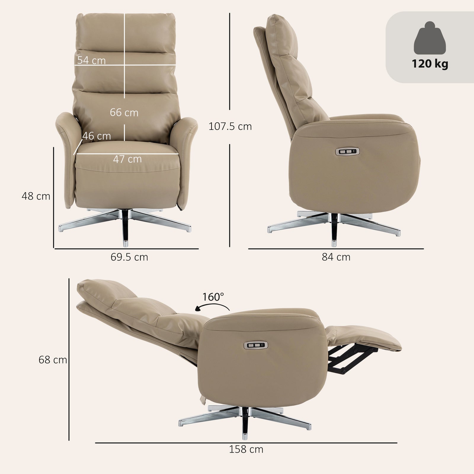 Power Recliner Chair, Swivel Electric Reclining Chair with Type C+USB,