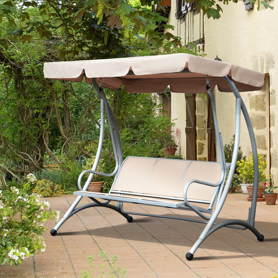 3 Seater Garden Swing Seat Bench Steel Swing Chair with Adjustable Canopy for Outdoor Patio Porch - Beige