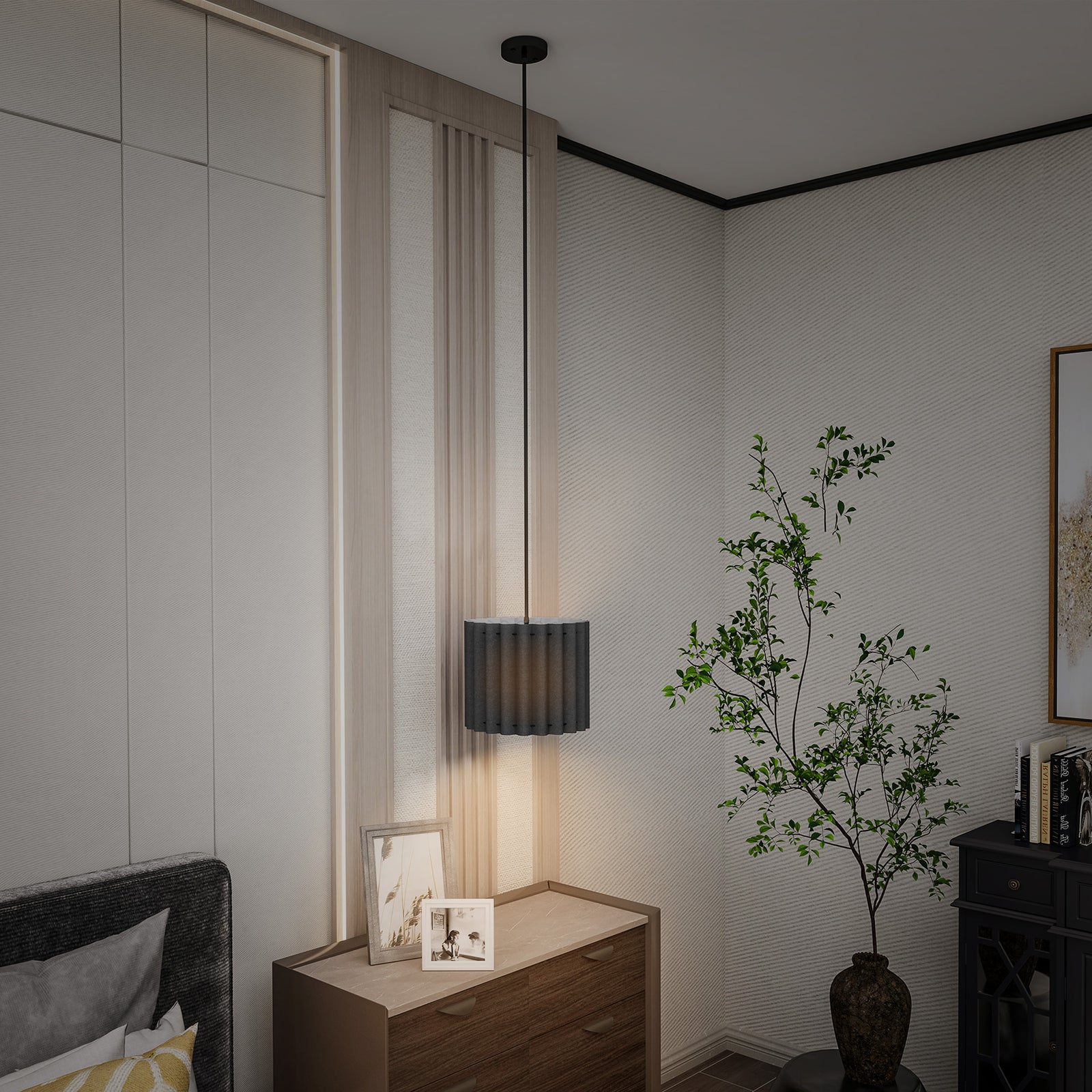 Linen Pendant Light, Modern Wave Ceiling Light Shade, E27 Lampshade for Living Room, Bedroom, Kitchen, Hallway, Black