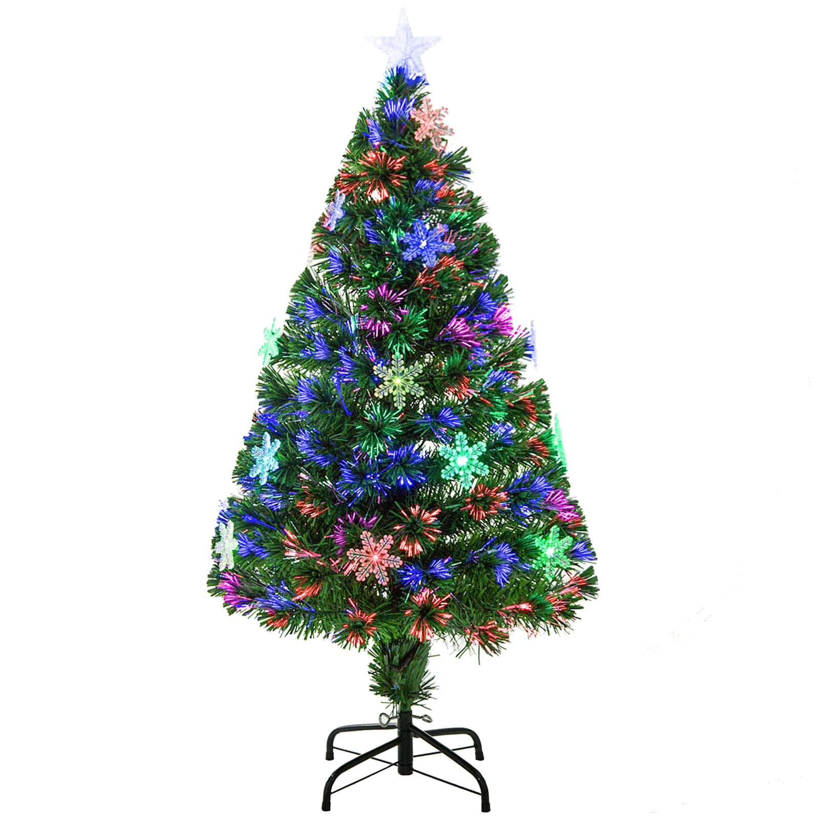 4FT Green Fibre Optic Artificial Christmas Tree Xmas Colourful LED Scattered Tree with Snowflakes Ornaments Fireproofing