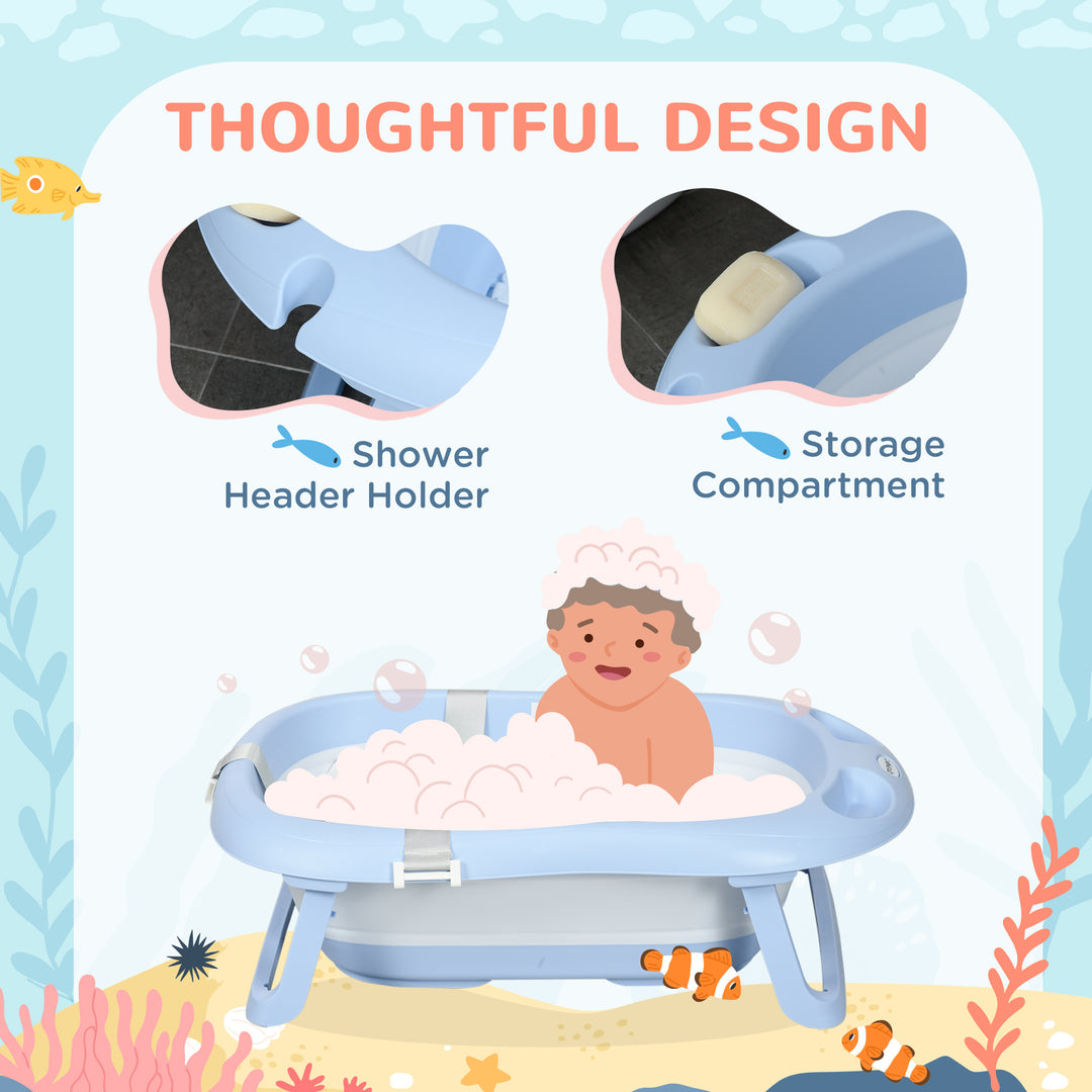 ZONEKIZ Foldable Baby Bath Tub, Bath Tub with Non-Slip Support, Cushion Pad, Drain Plugs, Shower Head Holder, for Newborn to 6 Years - Blue | Aosom UK