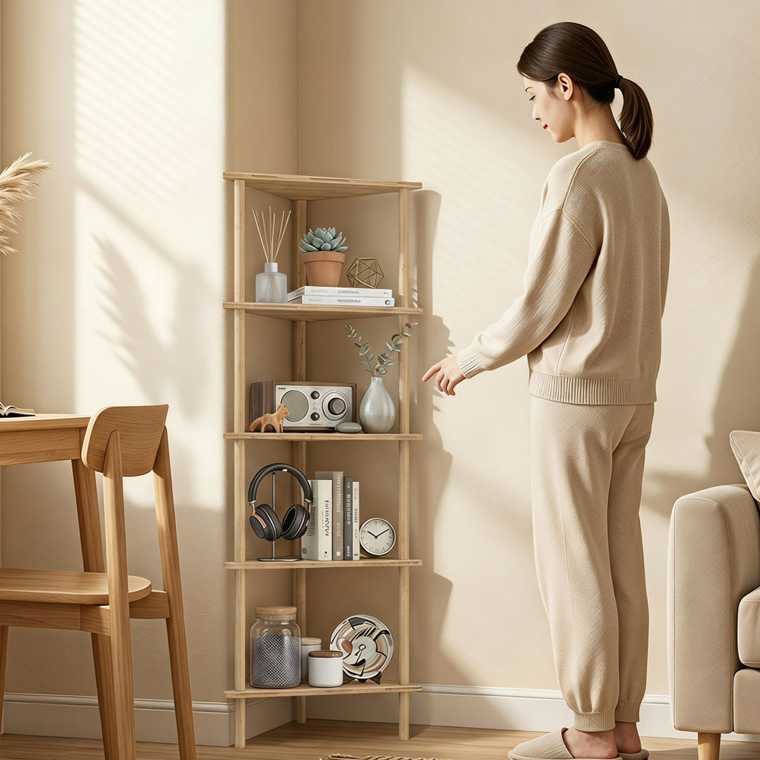 Bamboo Storage Shelf, 5-tier Corner Shelf, Freestanding Shelving Unit 