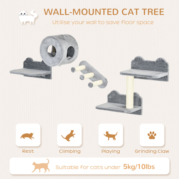 PawHut 4PCs Wall Mounted Cat Tree Cat Wall Furniture with Platforms, Steps, Scratching Post, Perch, Cat Condo for Indoor Cat - Grey