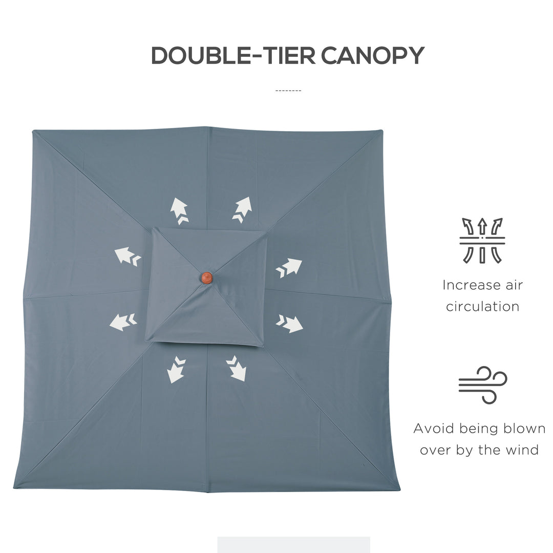 3 x 3 metre Patio Parasol Garden Umbrellas Sunshade Outdoor Wooden Parasol Canopy Double Tier, Dark Grey, BASE NOT INCLUDED