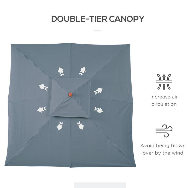 3 x 3 metre Patio Parasol Garden Umbrellas Sunshade Outdoor Wooden Parasol Canopy Double Tier, Dark Grey, BASE NOT INCLUDED