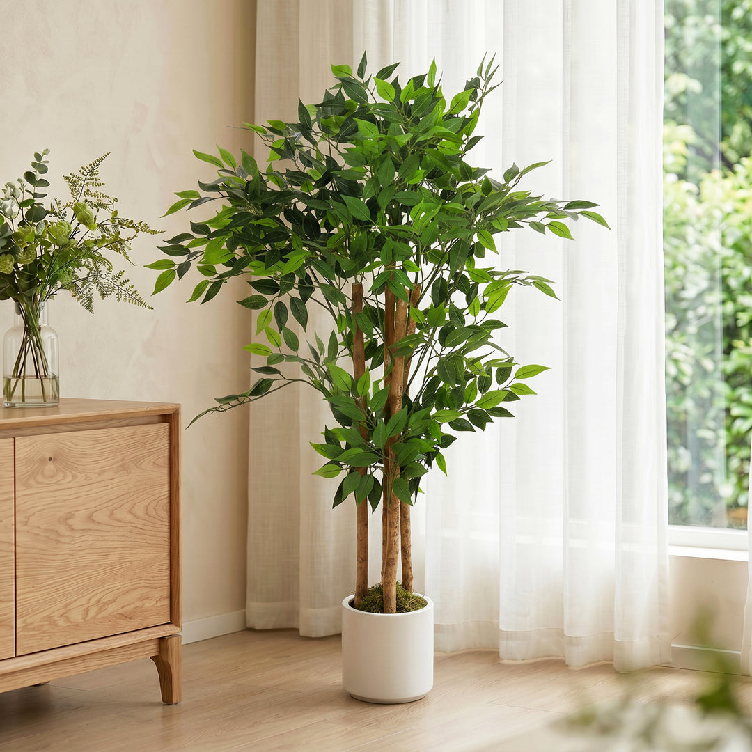 120cm Artificial Ficus Tree, Fake Potted Tree with Solid Wood Trunk an