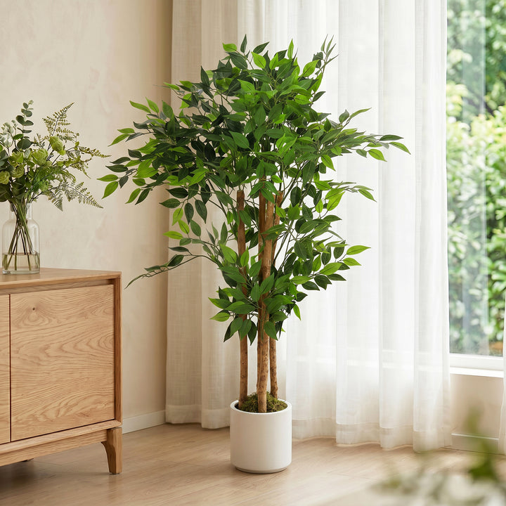 120cm Artificial Ficus Tree, Fake Potted Tree with Solid Wood Trunk an