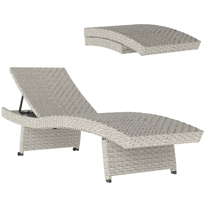Outdoor PE Rattan Sun Lounger, Folding Wicker Garden Lounger Recliner with 4-Level Adjustable Backrest, Rolling Sunbed Lounge Chair with Wheels, Non-Slip Legs for Balcony, Beach, Grey