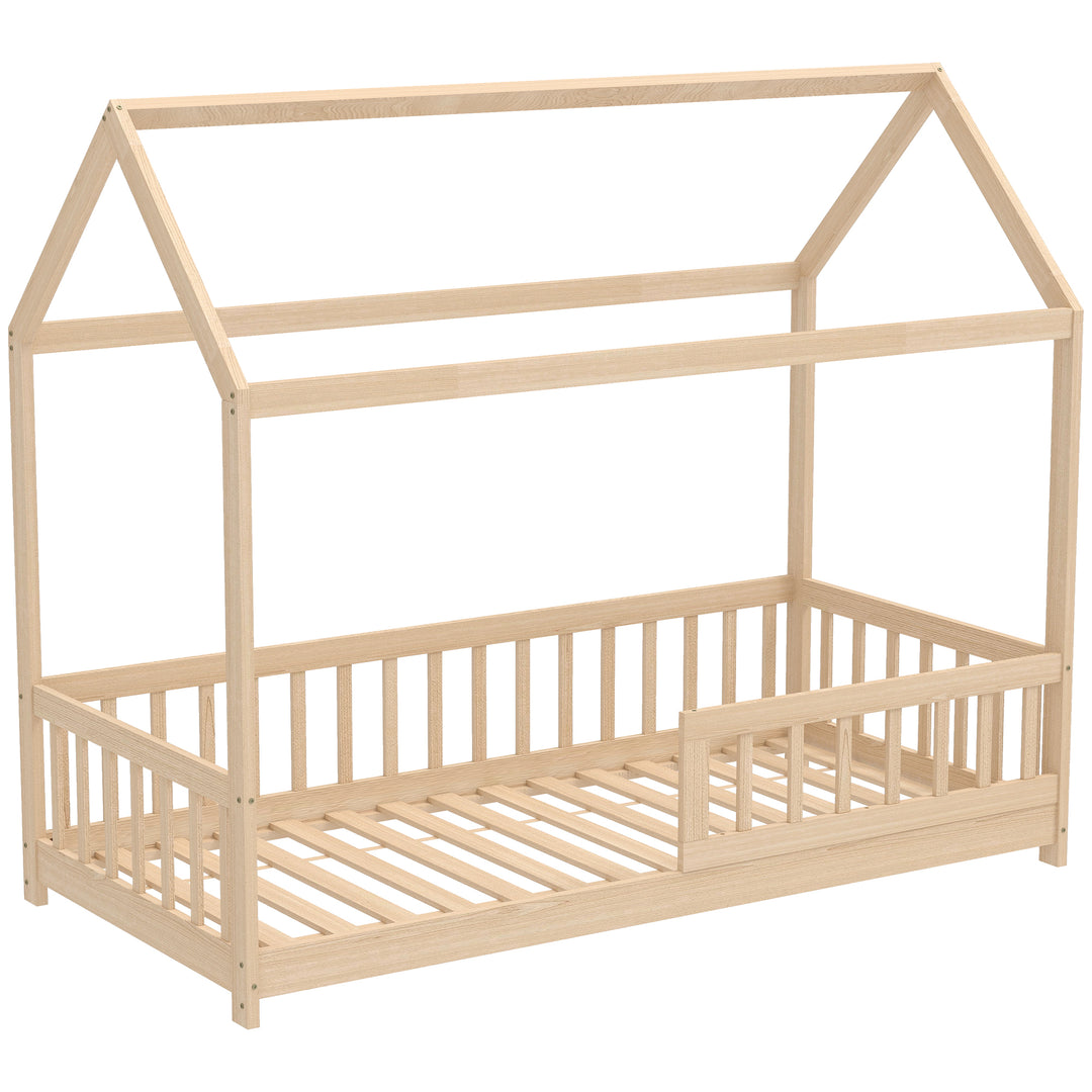 House-Shaped Kids Bed Frame with Guard Rails, Solid Pine Wood Single Bed Frame for Kids Boys and Girls