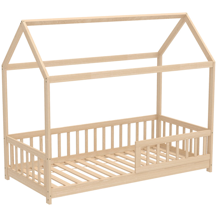 House-Shaped Kids Bed Frame with Guard Rails, Solid Pine Wood Single Bed Frame for Kids Boys and Girls