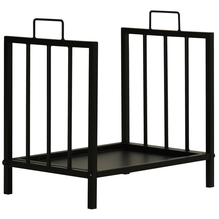 Metal Firewood Log Holder Indoor Outdoor Firewood Rack Fireplace Wood Storage Shelf w/ Handles, Rust-Resistant, Black, 39L x 32.5W x 46Hcm