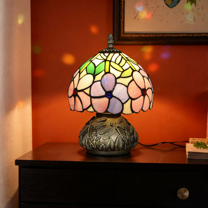 MCL Tiffany-Style Table Lamp with Sculpted Dragonfly Base, Handcrafted Antique Stained Glass Bedside Lamp for Living Room and Bedroom, E27 Socket, Pink