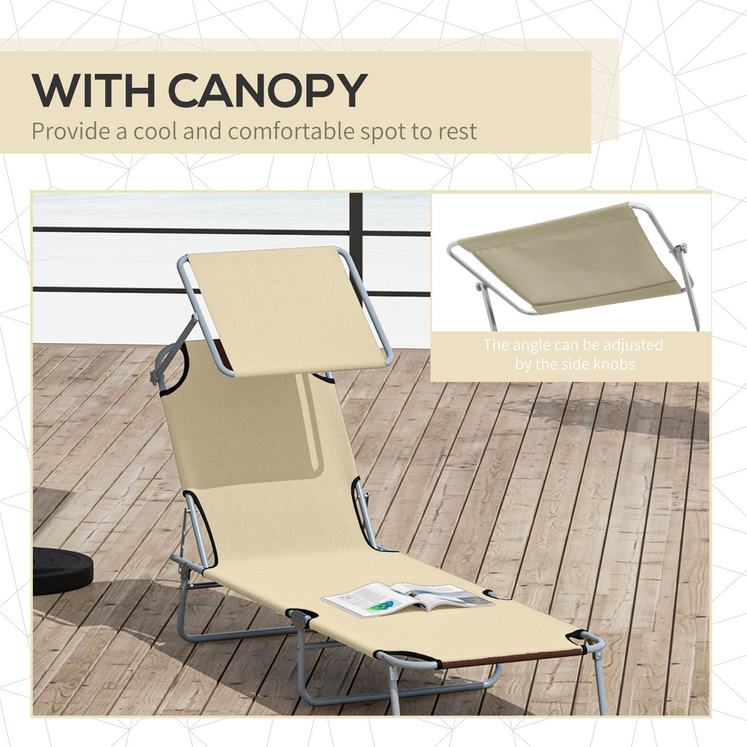 MCL Outdoor Foldable Sun Lounger, 4 Level Adjustable Backrest Reclining Sun Lounger Chair with Angle Adjust Sun Shade Awning for Beach, Garden, Patio, Beige