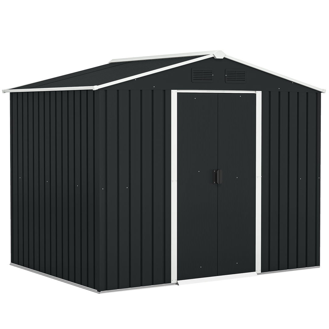 MCL 7.7 x 5.7ft Metal Garden Shed, Galvanised Outdoor Tool Storage House with Ventilation Slots and Sliding Doors, Grey