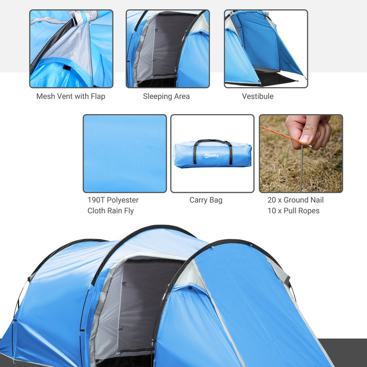 2-3 Man Tunnel Tent with Vestibule, Weather-Resistant Camping Tent with Air Vents for Fishing Hiking, Light Blue & Grey