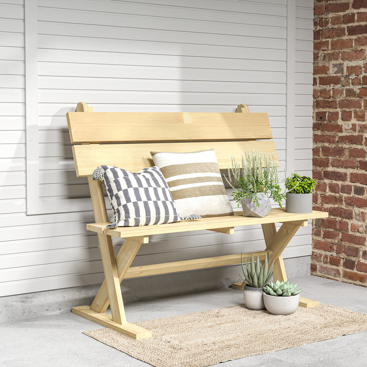 2 Seater Wooden Garden Bench, Fir Wood Outdoor Bench, Garden Loveseat with Slatted Seat, Sloping Back and Wide Feet for Patio, Park, Natural Wood Finish