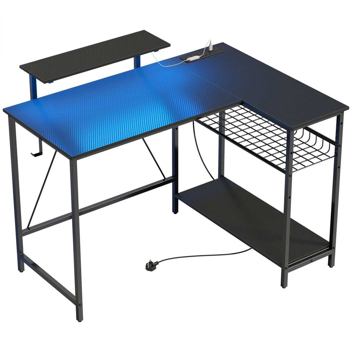 114.5 cm L-Shaped Gaming Desk, Computer Desk with LED Lights, Power