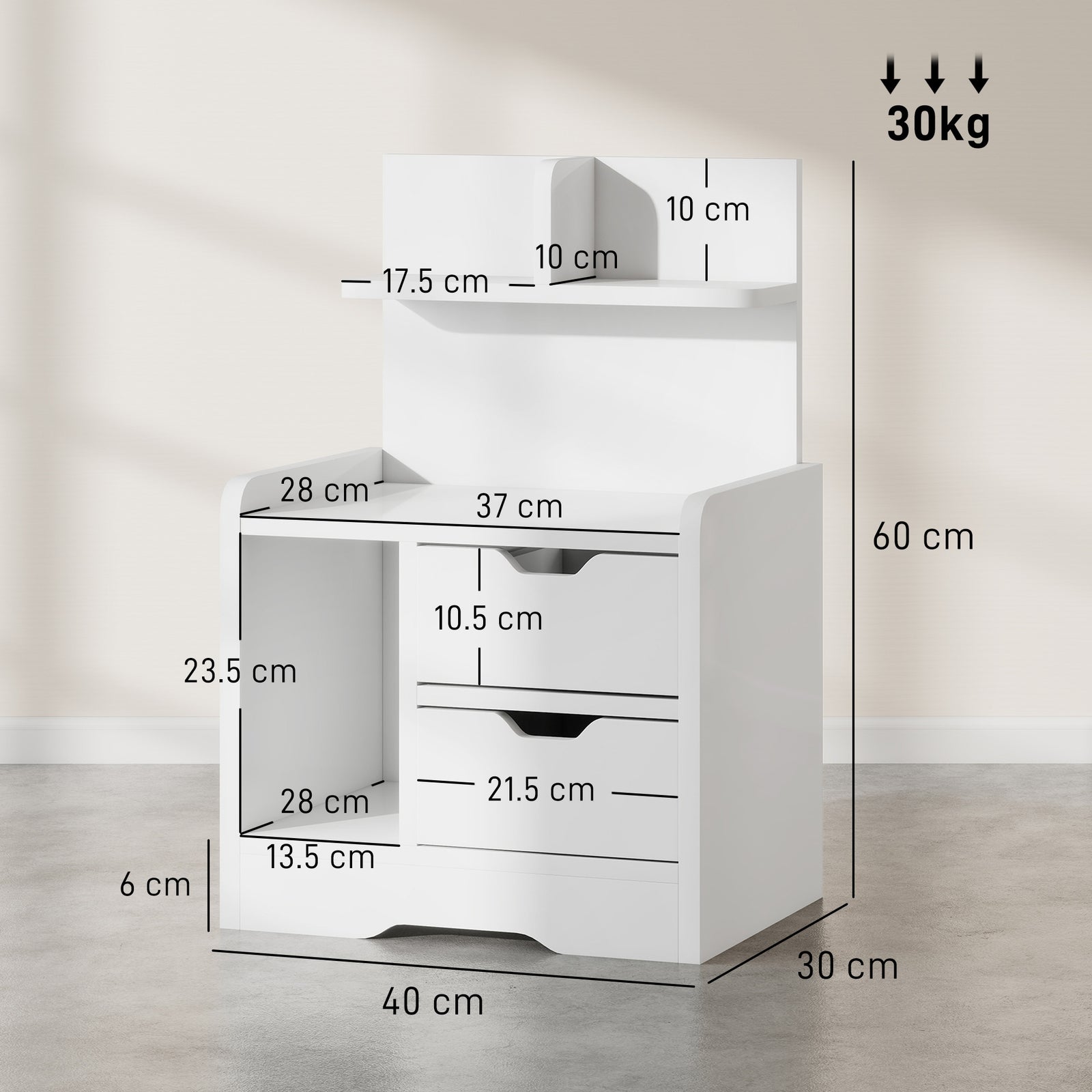 Bedside Table with 2 Drawers and Open Shelves - High Gloss White