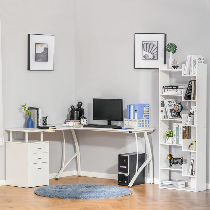 L-Shaped Computer Desk Table with Storage Drawer, Home Office Desk Corner Industrial Style Workstation for A4 Files 143.5 x 143.5 x 76cm, White