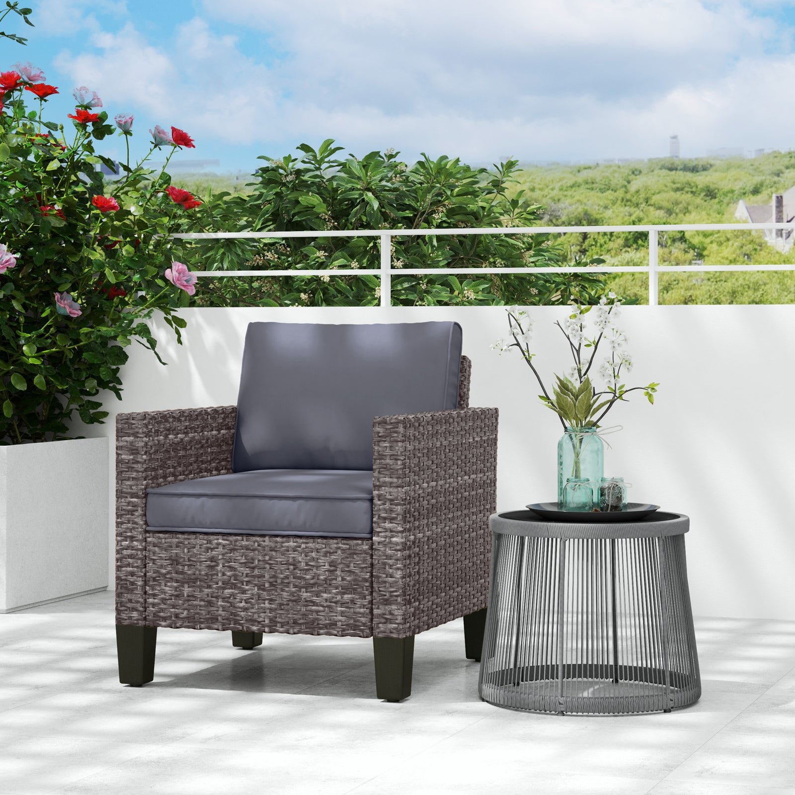 Single Rattan Armchair, with Cushions - Mixed Grey