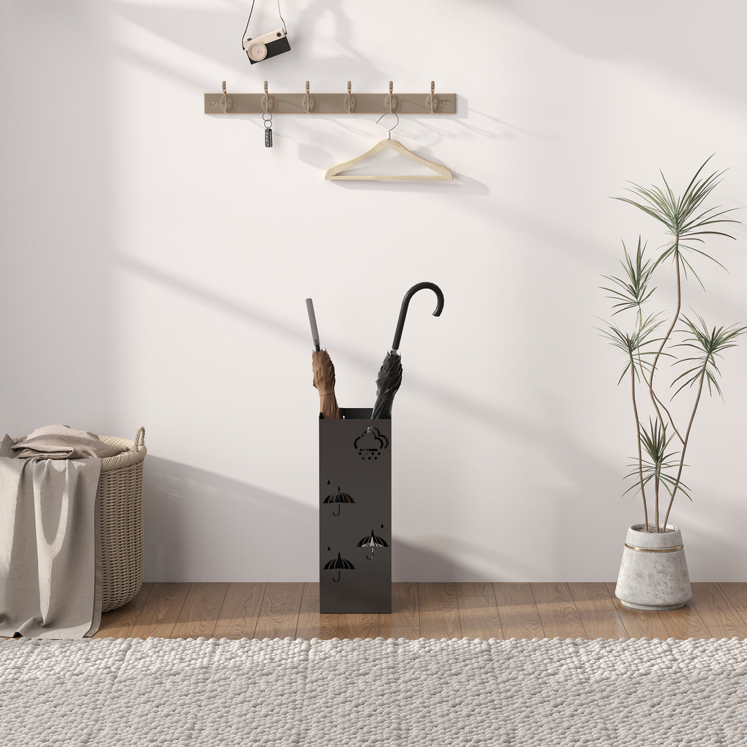 Metal Umbrella Stand, Square Umbrella Holder with Removable Drip Tray and 4 Hooks, Decorative Umbrella Storage Rack for Hallway, Entryway, 15.5 x 15.5 x 41 cm, Black