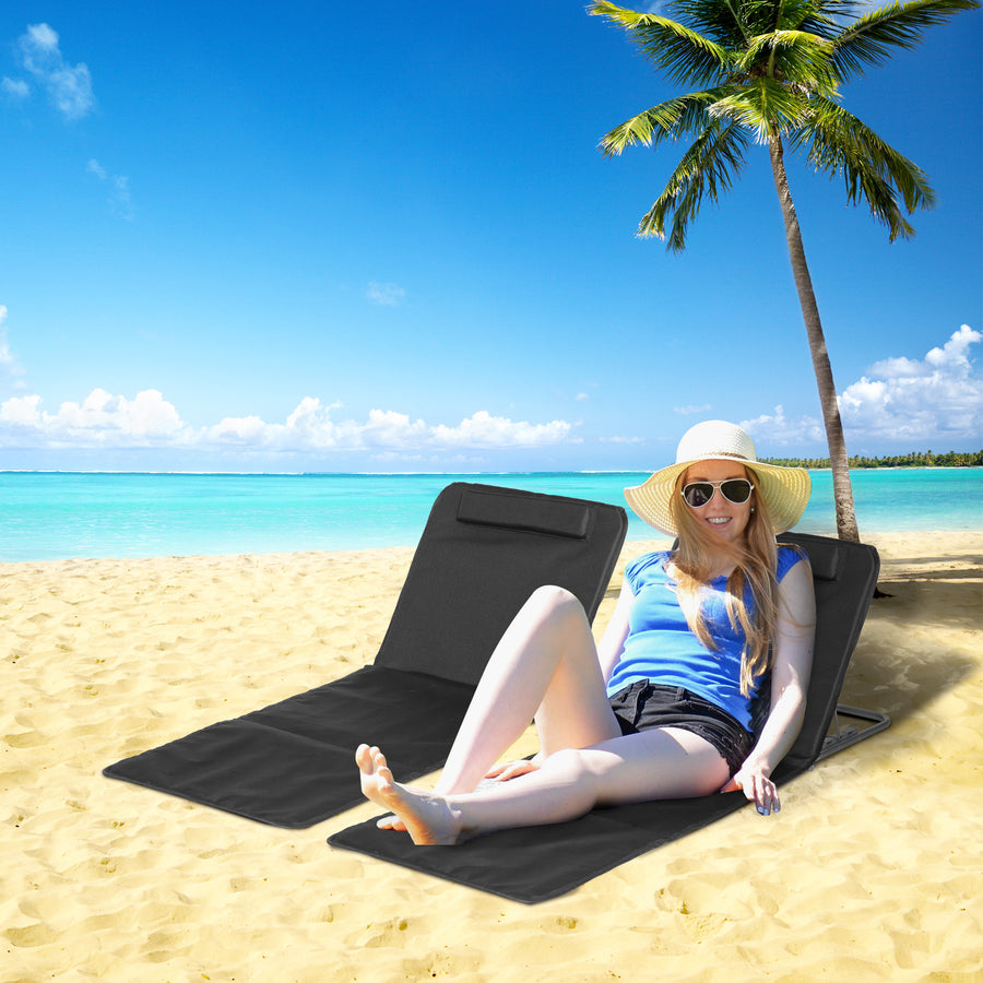 Set of 2 Foldable Garden Beach Chair Mat Lightweight Outdoor Sun Lounger Seats Adjustable Back Metal Frame PE Fabric Head Pillow w/ Carry Bag, Black